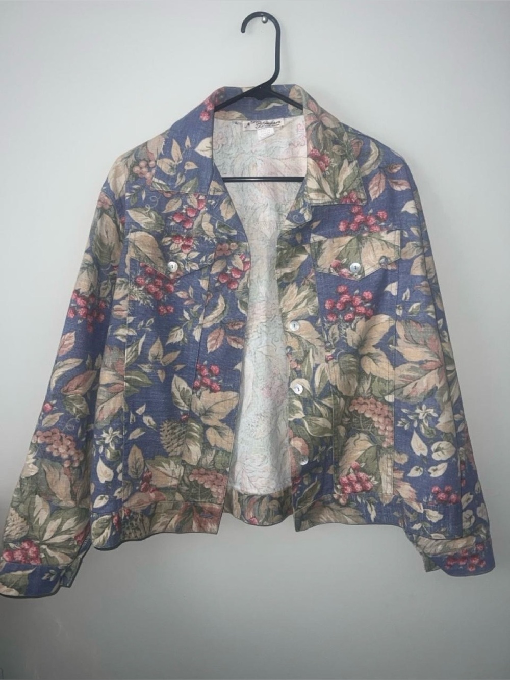 Floral Print Button-Front Jacket in Blue and Cream
